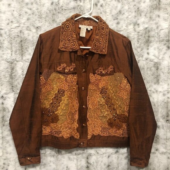 Daniel K New York Womens Embroidered Applique Silk Jacket Medium Rust - Picture 1 of 9